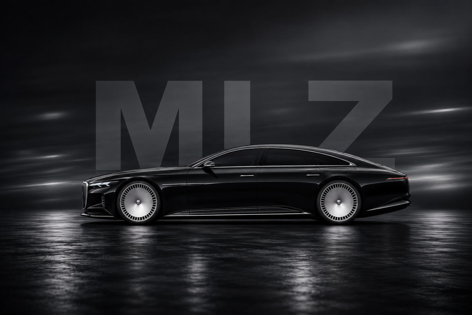 MLZ Fahrzeugvision: schwarze Limousine in Seitenansicht vor einem MLZ Schriftzug